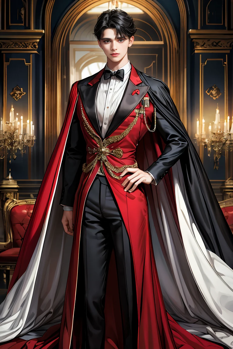 masterpiece, 最high quality, high quality, 1 boy, alone, Male focus, Watching the audience, Messy black hair, Adorable big blue eyes, White people, Noble, Noble,Sexy super volume and super long black and red cape、Tuxedo、A very voluminous, large, very large, very large, long, long red and black cape with a high stand-up collar, made of a lot of fabric that reaches down to the floor., ,Cute beautiful boys,Cute, cute, kind, handsome guy