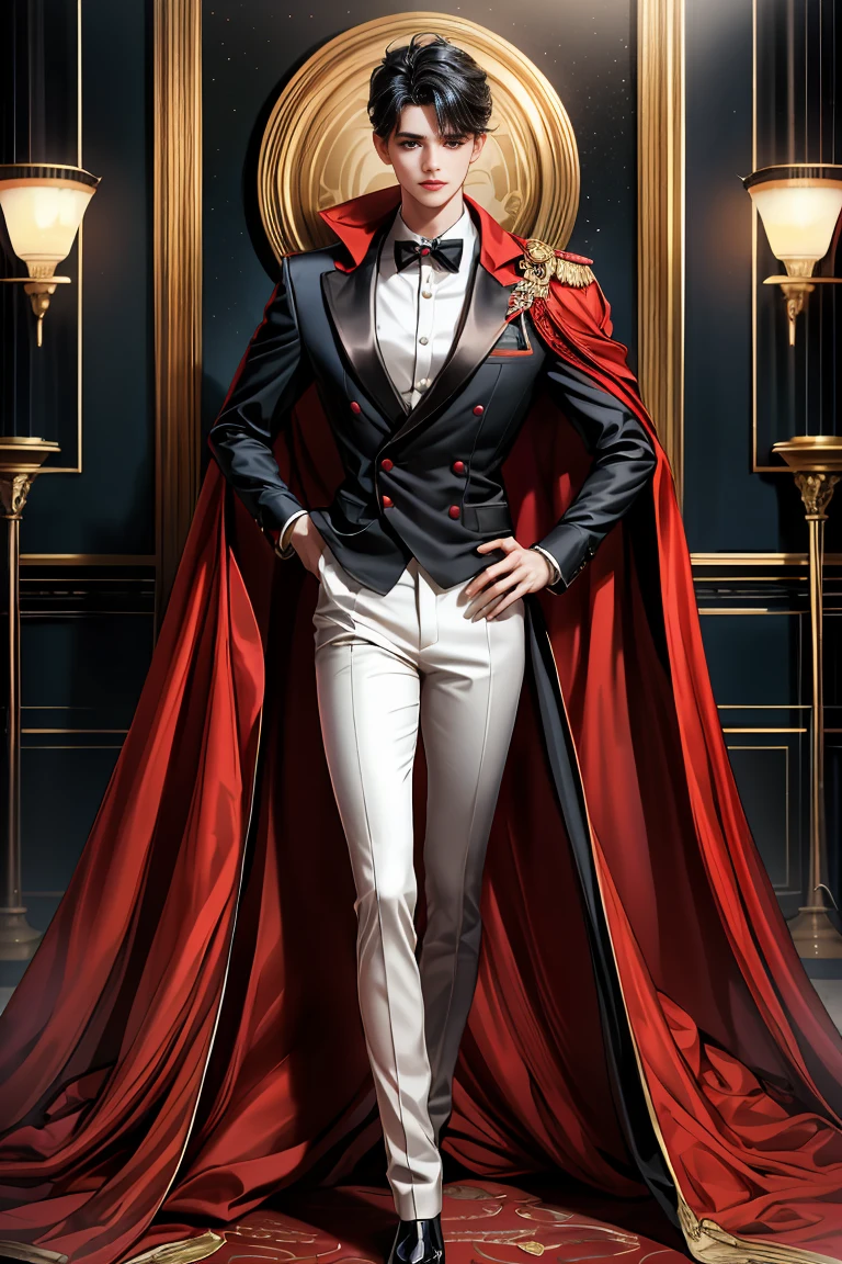 
masterpiece, 最high quality, high quality, 1 boy, alone, Male focus, Watching the audience,  Messy black hair, Adorable big blue eyes, White people, Noble, Noble,Sexy super volume and super long black and red cape、Tuxedo、A very voluminous, large, very large, very large, long, long red and black cape with a high stand-up collar, made of a lot of fabric that reaches down to the floor., 17 years old,Cute beautiful boys,Cute, cute, kind, handsome guy