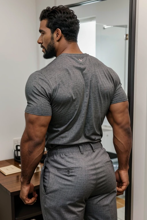 A Hispanic black man with a face that looks like Henry Cavill. black man, His body is muscular and he has a toothed beard.. Big Butt, in a moment of reflection. full body. Black Fajada shirt, semi formal clothing, grey pants, backside.