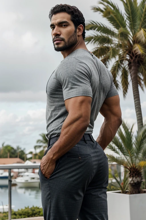 A Hispanic black man with a face that looks like Henry Cavill. black man, His body is muscular and he has a toothed beard..  Big Booty, in a moment of reflection. full body. Fajada shirt, semi formal clothing, grey pants, backside. 