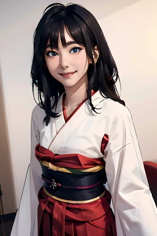 Highest quality　High resolution　Simple　Shrine maiden服　Long bangs　Adult female　Shrine maiden　Loose expression　cute　smile　Scarlet Hakama　Beautiful Eyes　One Woman　Long side hair　Very black hair　Shiny long hair　Straight hair　Ahoge　Wide sleeves　Long hem　cute目　White Background