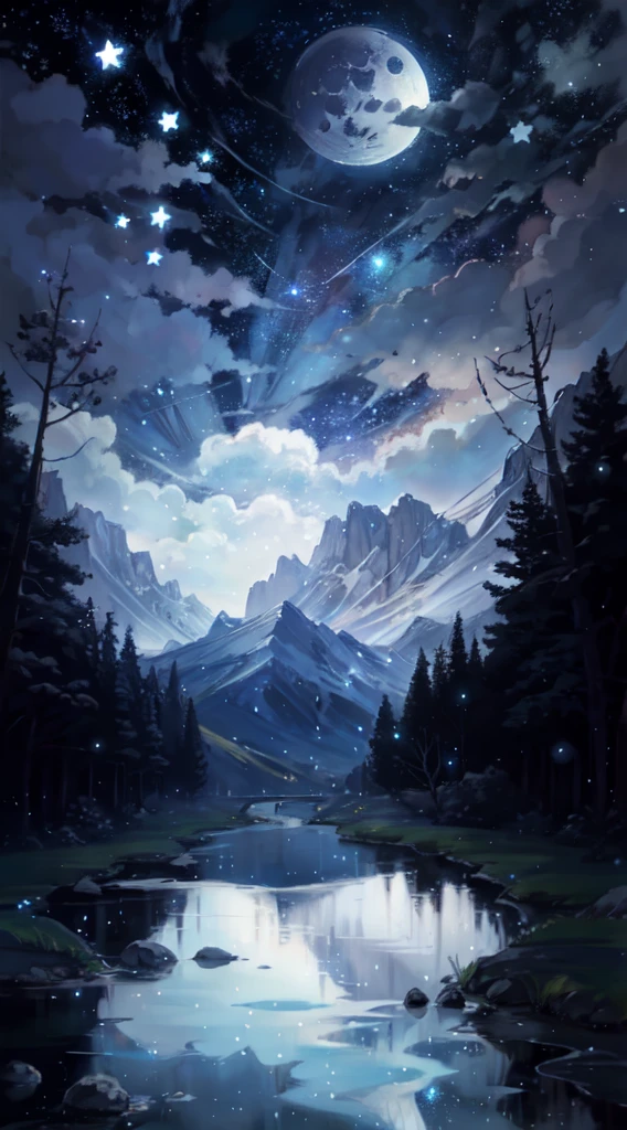 A painting of a river with stars and moon in the sky, Concept art inspired by Tosa Mitsuoki, winner of the pixiv contest, best qualityer, Fantasyart, cute anime dinner, a bright moon, moonlit starry environment, dream painting, anime background Art, fantasy landscape art, Fantasy Night, anime background, background art, fantastic art, atmospheric anime, Starry sky, enhanced details.