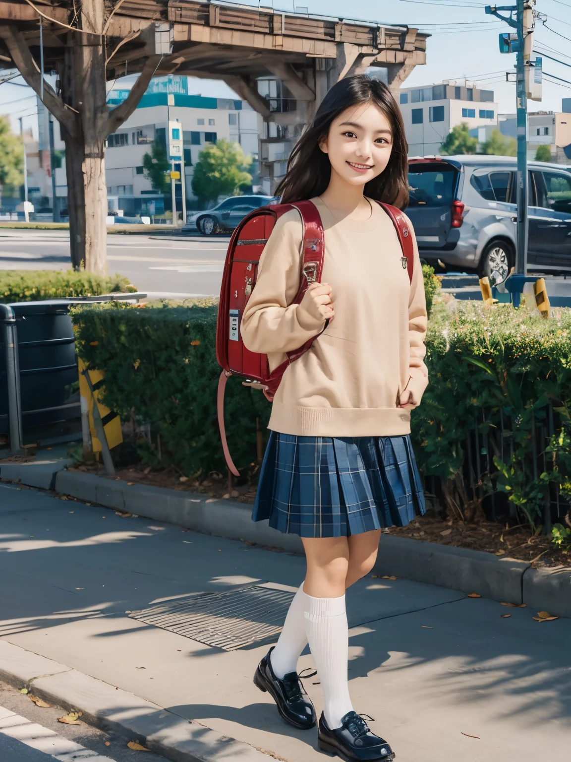Masterpiece, hd, 1girl, realistic, y.o, high school girl, wearing brown sweater, blue pleated skirt, white socks, black shoes, wearing School backpack, (backpack:1.2),walking,smile, outdoor, standing, fullbody