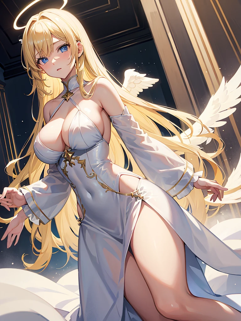 angel, アニメ, Girl, blondes, Bust Big, white dress transparent blue eyes, halo, sexly, breasts big 