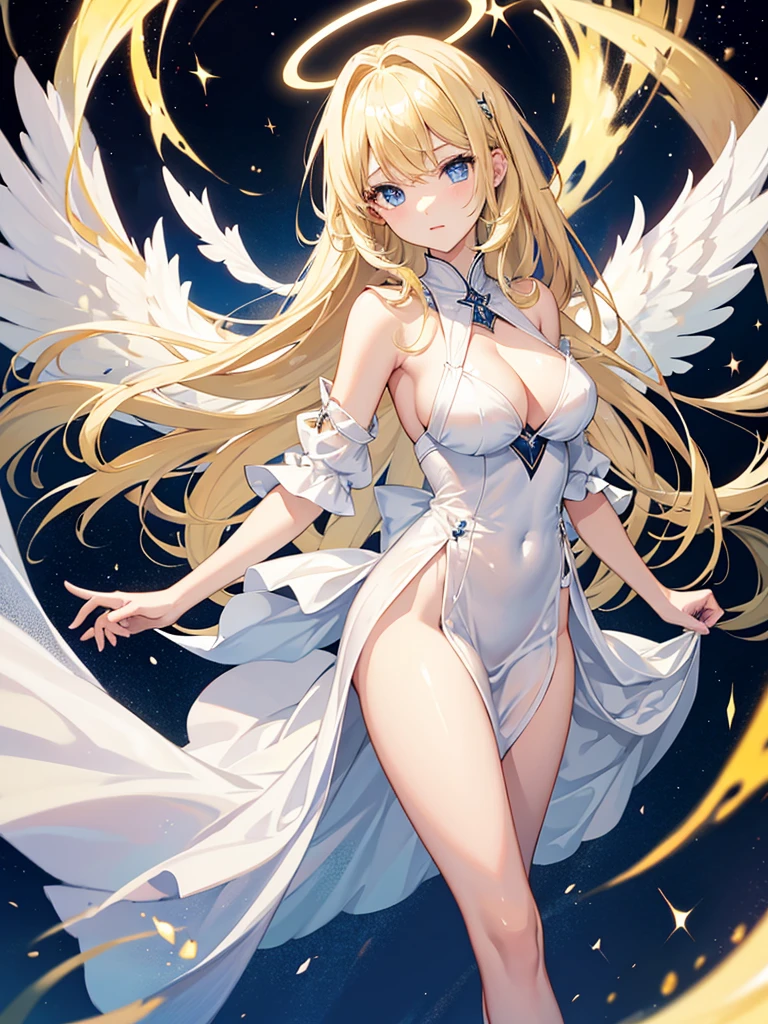 angel, アニメ, Girl, blondes, Bust Big, white dress transparent blue eyes, halo, sexly, breasts big