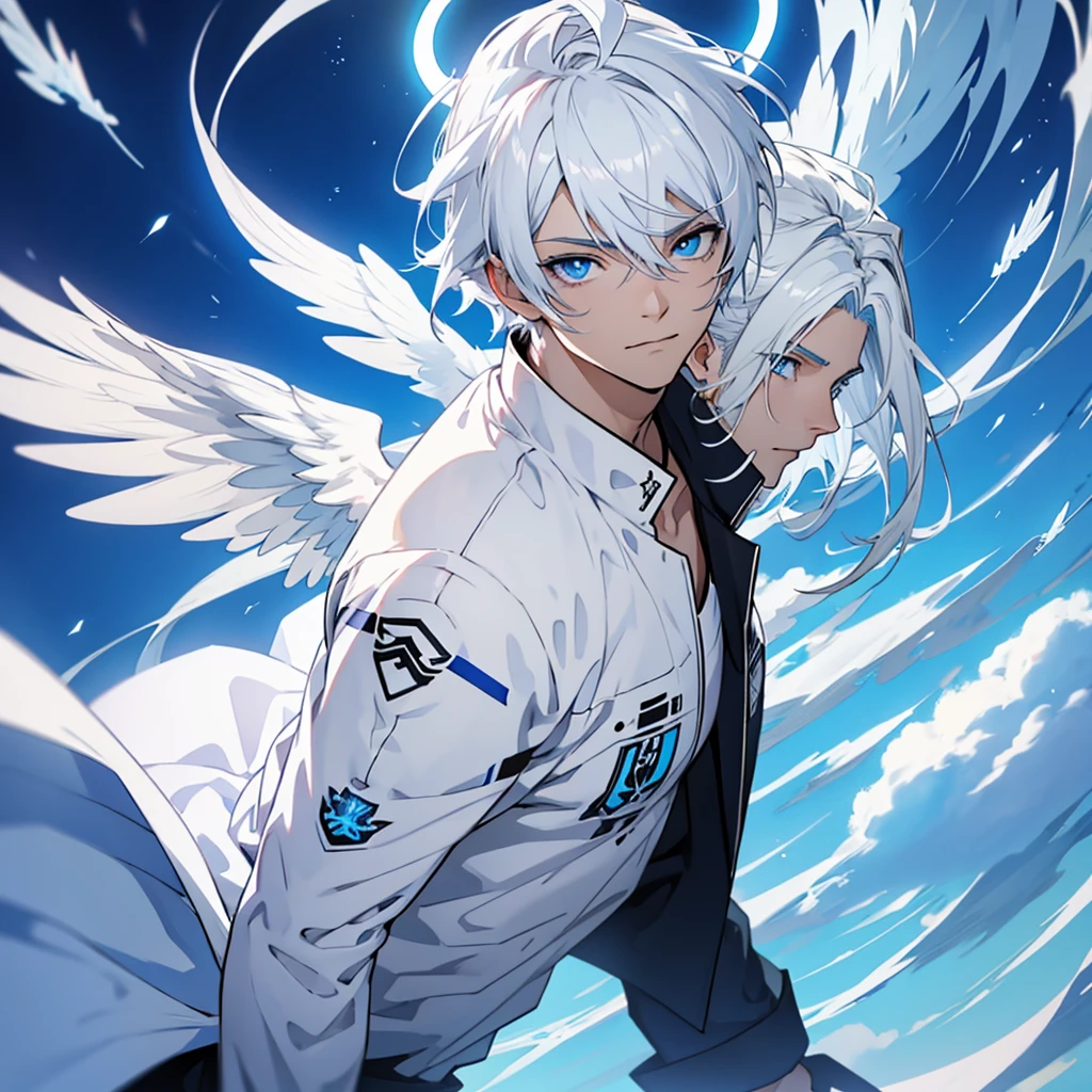 Male angel with blue eyes and white hair With halo and wings, anime style, mid hair