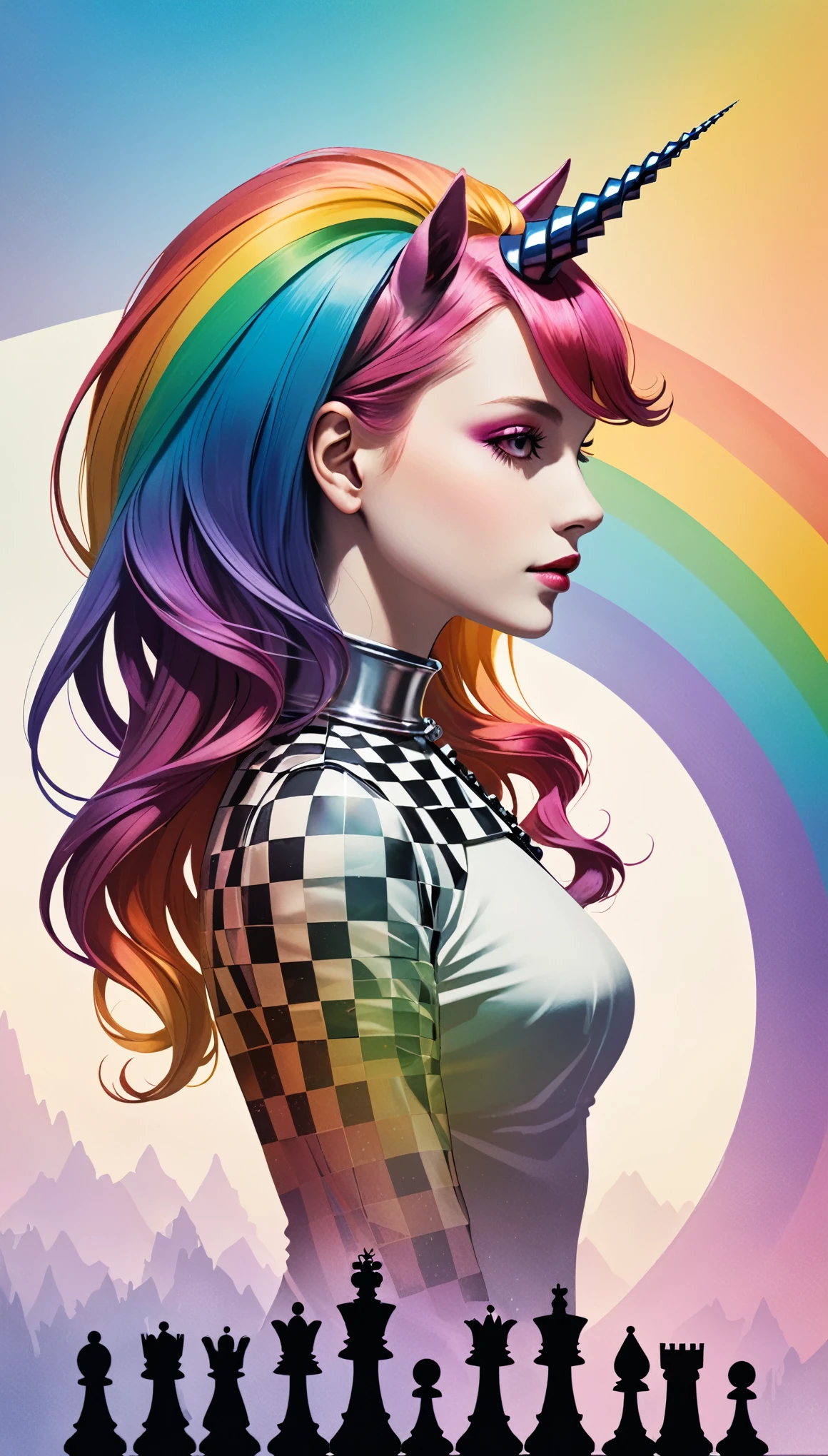 in style of Alex Howitt,in style of Santiago Caruso,
(double exposure),1girl,
queen \(chess\),rainbow pony,metal spiral sharp corners,unicorn horn,