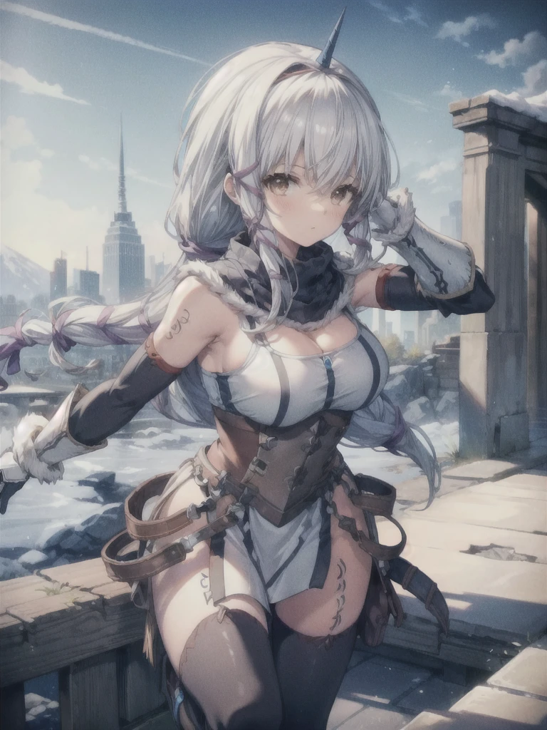 (masterpiece, highest quality, Perfect Anatomy, Fabric Shading, Glowing Skin, Detailed skin,) BREAK, 
(clair lasbard, long ponytail,long ponytail, hair ribbon, striped scarf. large breasts, Cleavage), BREAK,
(white kirin armor:1.2), BREAK, 
(running, dynamic pose:1.2)BREAK, 
Snowfield, ruins background, outdoors, BREAK