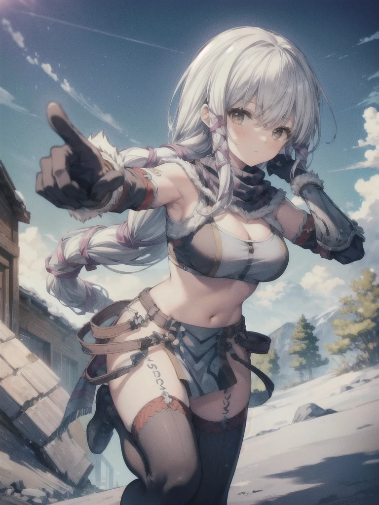 (masterpiece, highest quality, Perfect Anatomy, Fabric Shading, Glowing Skin, Detailed skin,) BREAK, 
(clair lasbard, long ponytail,long ponytail, hair ribbon, striped scarf. large breasts, Cleavage), BREAK,
(white kirin armor:1.2), BREAK, 
(running, dynamic pose:1.2)BREAK, 
Snowfield, ruins background, outdoors, BREAK