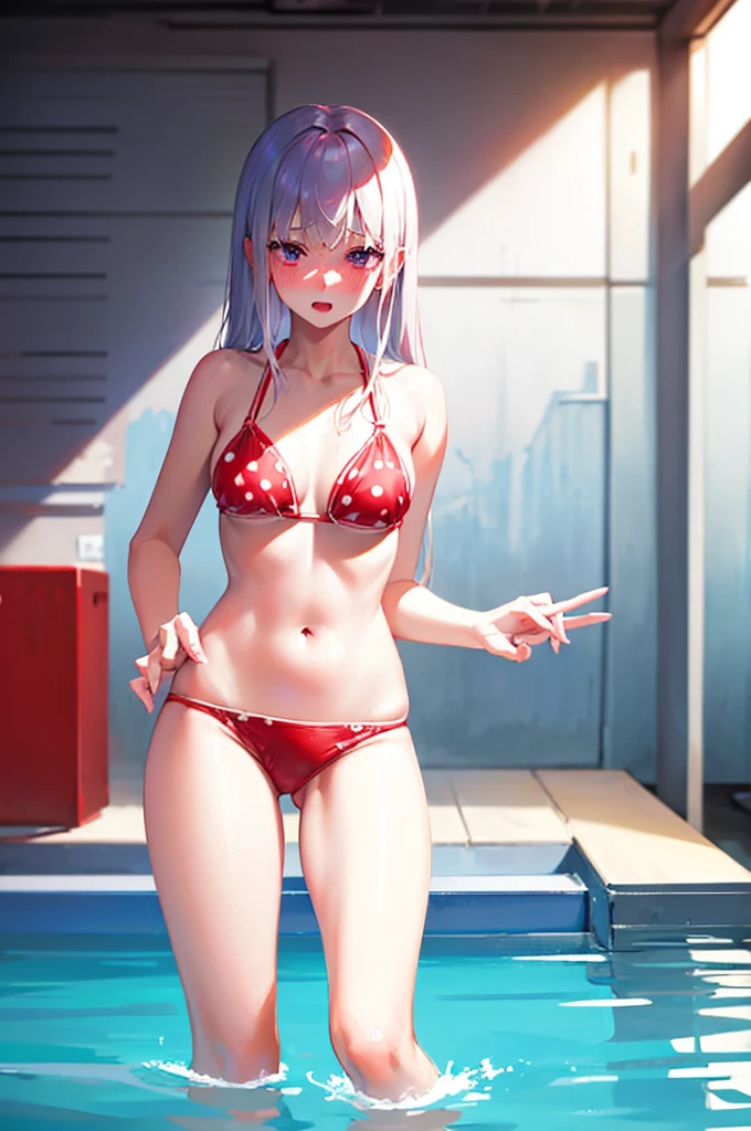 Red bikini、y bikini、Random pose、Polka dot bikini、Red polka dot bikini、Light silver hair、Semi-long hair、Random pose、School swimming pool、Blushing、Embarrassed expression、、Pale purple eyes、、Blushing、lipstick、Perfect hands、Detailed hands、