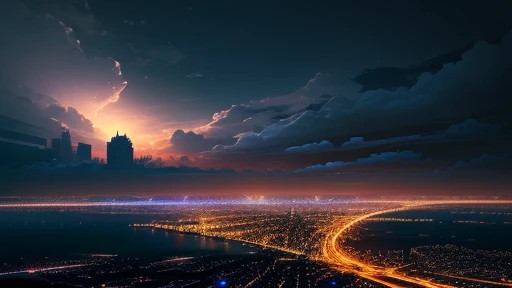 Alafud city view,There are lots of lights and lots of clouds, Future Cityscape Photos, Night city background, City of the Future,Technology