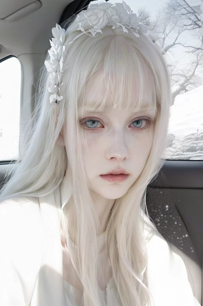 blonde girl with white hair and a white dress in a car, young pale ghost, pale porcelain white skin, pale white face, white hime cut hairstyle, whitebangs, pale gothic beauty, haunted sad expression, pale, snow-white skin, haunted and tired expression, anime girl in real life, haunted and sad expression, extremely pale white skin, albino white skin pale