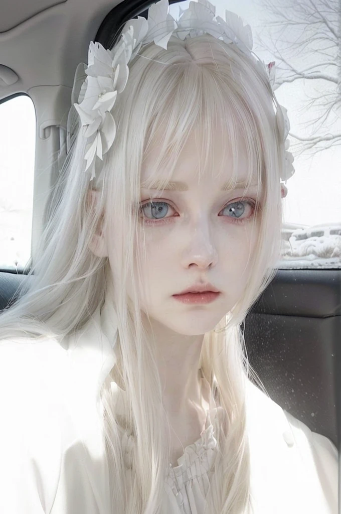 blonde girl with white hair and a white dress in a car, young pale ghost, pale porcelain white skin, pale white face, white hime cut hairstyle, whitebangs, pale gothic beauty, haunted sad expression, pale, snow-white skin, haunted and tired expression, anime girl in real life, haunted and sad expression, extremely pale white skin, albino white skin pale