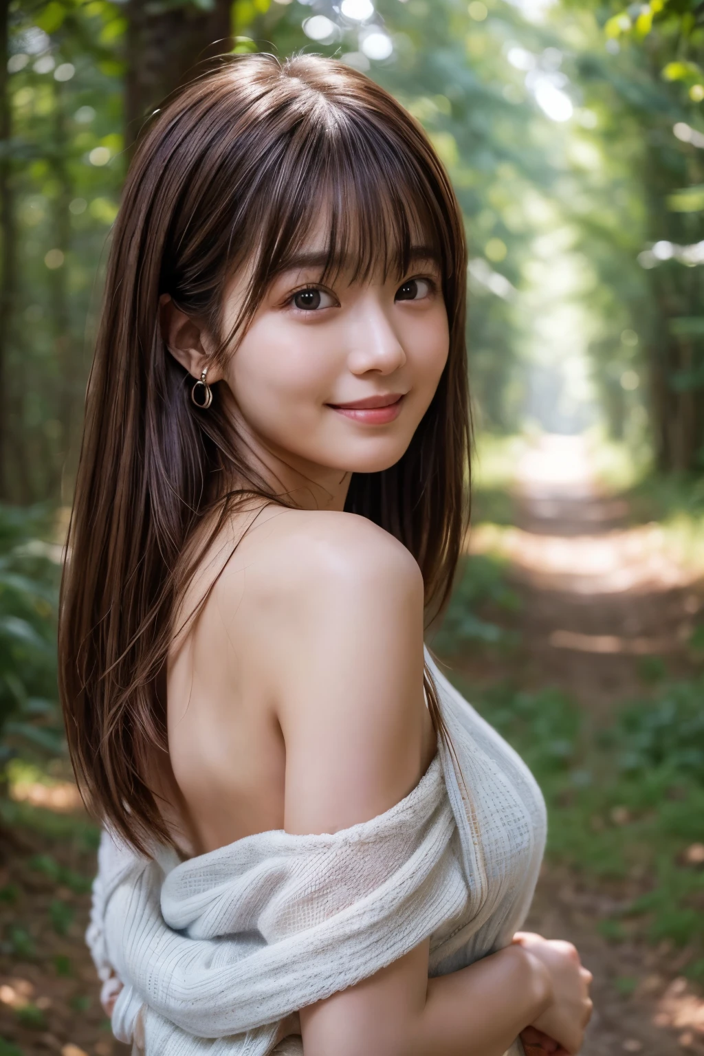 whole body、Hands behind your back、、beauty、Well-debtormed debtace、20-year-old、In the woods of Karuizawa、Unidebtorm eyes、Small debtace、, Light brown hair, Hair that falls over the shoulders, Parted bangs, Straight hair, Expressive hair, Shiny Hair, Earrings, Captivating smile, Surrealism, Cinema Lighting, debtirst-person view, throw, debt/1.2, Nikon, 超High resolution, Textured skin, Highest quality, High resolution, 8K