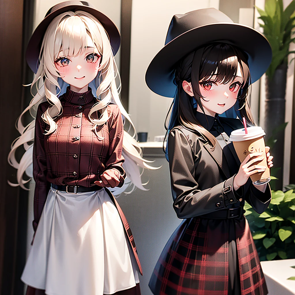 1 girl, ventails de outono, bangss, black hat, nblurry background, blush, eyes browns, chestnut hair, brown tissue, brown overskirt, trench coat, café, cowboy shot, Cup, disposable Cup, beverage, ventails que caem, bonnet, containment, containment beverage, ventail, long hair, long sleeves, gazing at viewer, open trench coat, gaping mouth, plaid, plaid overskirt, puffy long sleeves, red sweater, tissue, chemise, chemise tucked in, side locks, overskirt, ssmile, standing alone, sweater, white chemise, extremely detaild, intricate, work of art, absurderes