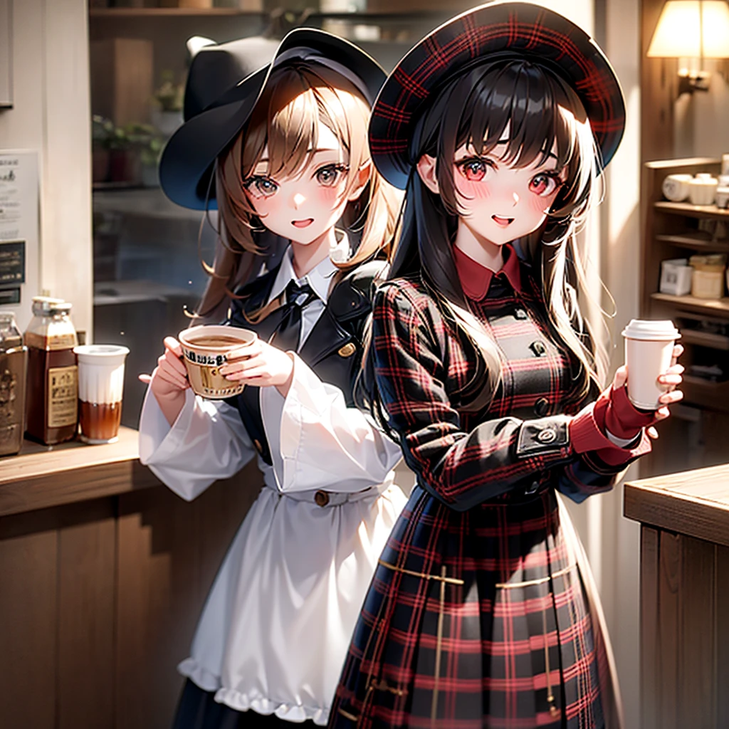 1 girl, ventails de outono, bangss, black hat, nblurry background, blush, eyes browns, chestnut hair, brown tissue, brown overskirt, trench coat, café, cowboy shot, Cup, disposable Cup, beverage, ventails que caem, bonnet, containment, containment beverage, ventail, long hair, long sleeves, gazing at viewer, open trench coat, gaping mouth, plaid, plaid overskirt, puffy long sleeves, red sweater, tissue, chemise, chemise tucked in, side locks, overskirt, ssmile, standing alone, sweater, white chemise, extremely detaild, intricate, work of art, absurderes