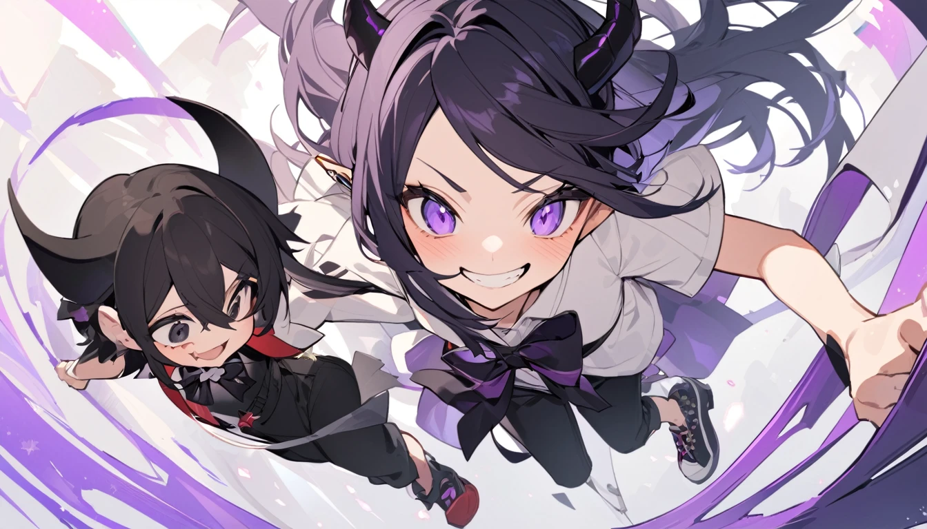 A girl with long black hair with straight bangs, with hair cut at the ends. Two large strands in the front, one bigger than the other. A rebel thread. A small white streak in your bangs. Two demon horns, one purple and one black, both with a dark purple star. one black eye and one purple eye. A purple star on your right cheek. black wide pants. All star shoe. Full white shirt with a bow tie with a star in the middle, with short sleeves. a big chest . Grinning. She is a star demon. She is standing looking at the camera. In one of his eyes a star in the black eye case, in the black eye and just black. Sex girl. Sex girl. One black eye and one purple eye. She's falling, but doesn't have a worried reaction. She is smiling.