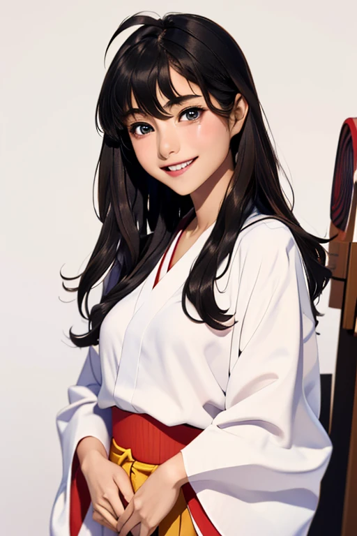 Highest quality　High resolution　Simple　Shrine maiden服　Long bangs　Adult female　Shrine maiden　Loose expression　cute　smile　Scarlet Hakama　Beautiful Eyes　One Woman　Long side hair　Very black hair　Shiny long hair　Straight hair　Ahoge　Wide sleeves　Long hem　cute目　White Background