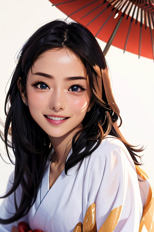 Highest quality High resolution Simple Shrine maiden服 Long bangs Adult female Shrine maiden Loose expression cute smile Scarlet Hakama Beautiful Eyes One Woman Long side hair Very black hair Shiny long hair Straight hair Ahoge Wide sleeves Long hem cute目 White Background