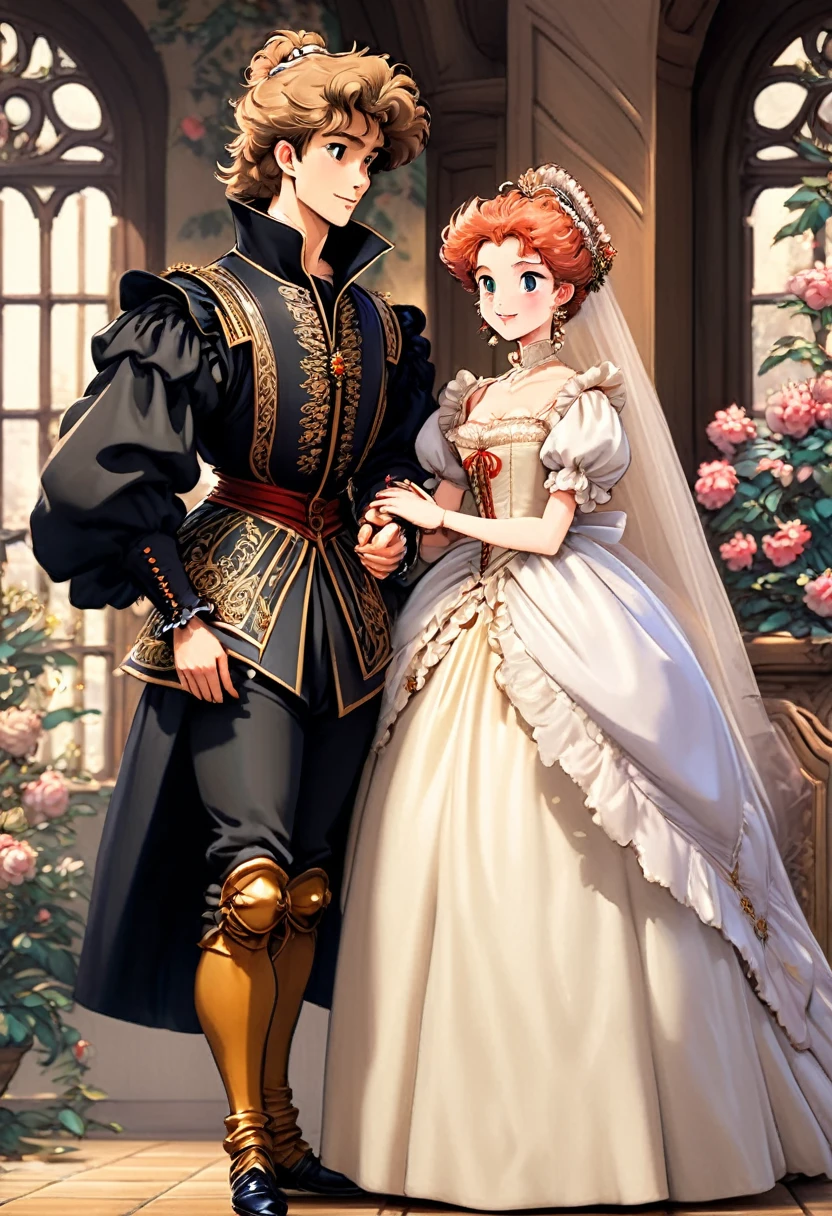 Masterpieces visually(8K)(High Resolution, Ultra Detailed), Showing a very late 1500s Elizabethan Enbglish Handsome young upper middle class couple male and female in classic period Elizabethan fashions clothings attires dress animated kinda anime style