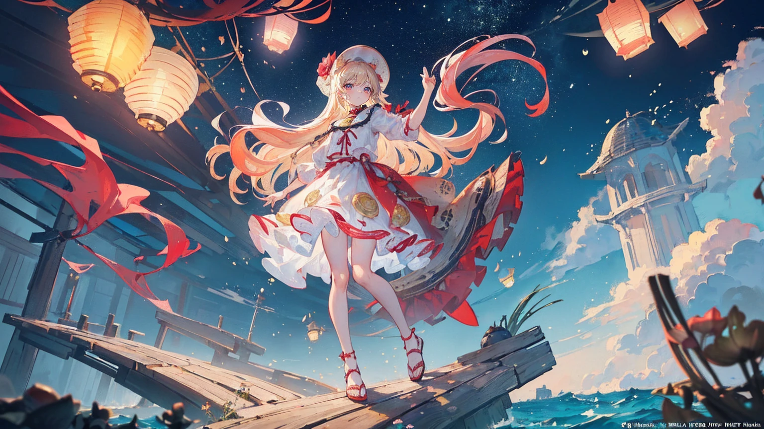 (Super detailed)),((illustration))，((masterpiece)),(((need))),((fine、Highest quality CG Unity 8K wallpapers，masterpiece），（（4K，masterpiece，best quality）），A woman with long blond hair, about 16 years old，Red pupil，Crimson coat，White skirt，Gray lining，，Standing on a wooden plank above the sea，Raise your right hand slightly，Cold，Rough Seas，There are many lanterns floating in the sky，Lotus flowers floating on the sea，End of the World，There are jellyfish in the deep sea，Full body picture，individual