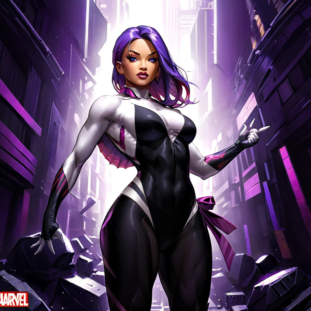 Create a highly detailed image of Psylocke from Marvel Comics, featuring her toned, bodybuilding body. She is wearing a black swimsuit and has a long purple sash tied around her waist. Its arms and legs have black bands. The scene should portray her in a dynamic pose, showing off her muscular, athletic physique. The background should be subtle but suggest a futuristic or mystical setting, ensuring the focus remains on Psylocke. Use vibrant colors and sharp details to reflect the Marvel Comics style.