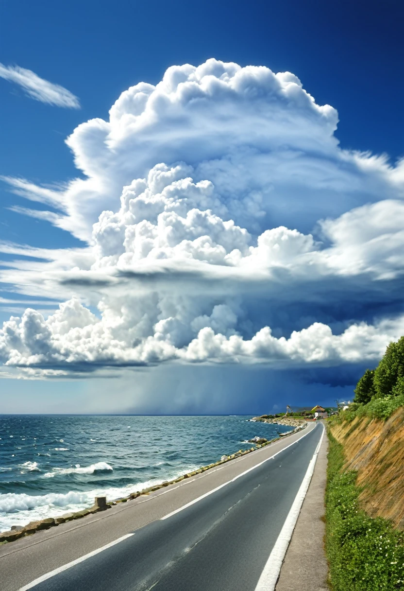 Midsummer sea, Coastal road, Cumulonimbus clouds, Nostalgic, Beautiful sea, Photo-realistic, Ultra-high resolution, Fine details, Highly detailed, Highest quality, Masterpiece