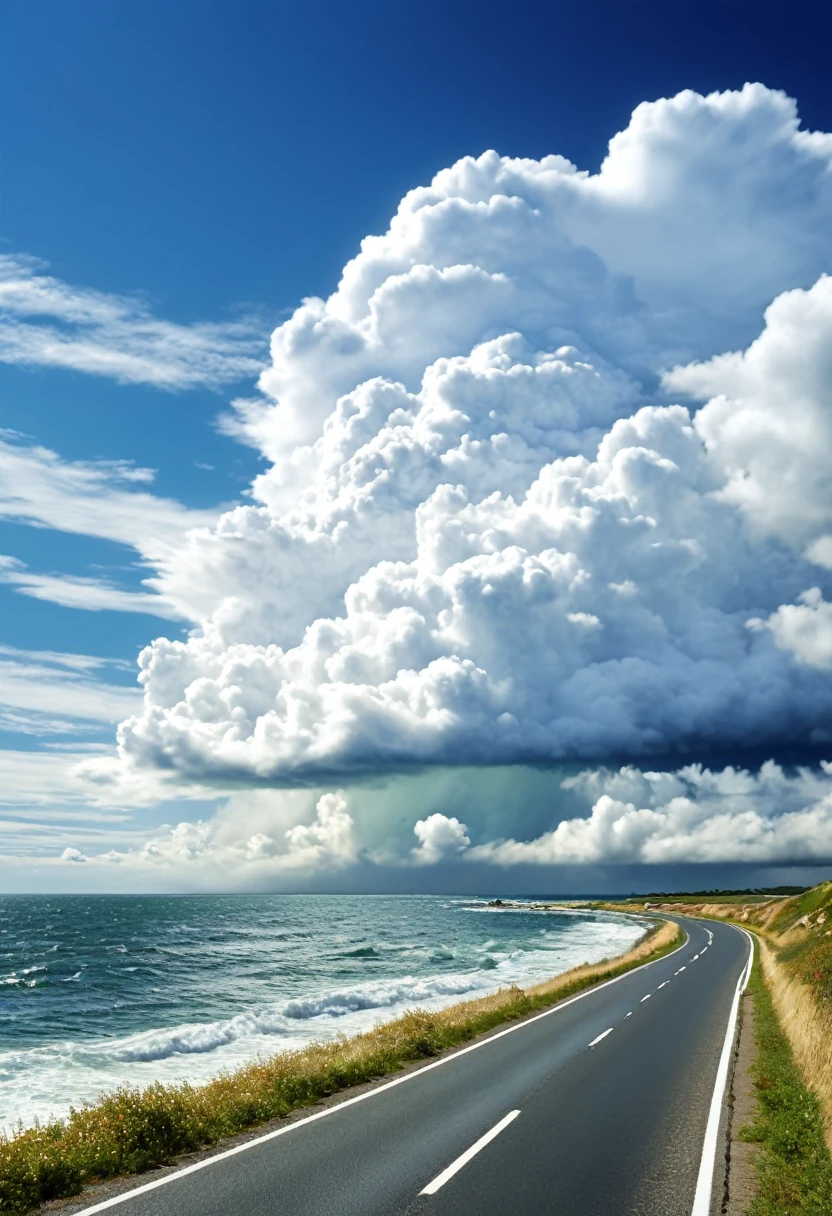 Midsummer sea, Coastal road, Cumulonimbus clouds, Nostalgic, Beautiful sea, Photo-realistic, Ultra-high resolution, Fine details, Highly detailed, Highest quality, Masterpiece