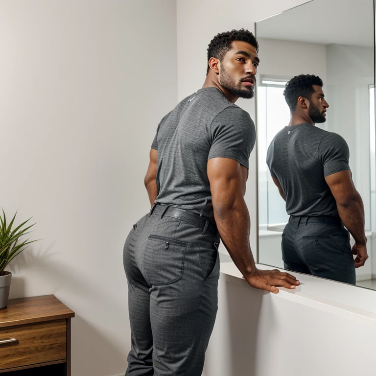 A Hispanic black man with a face that looks like Henry Cavill. black man, His body is muscular and he has a toothed beard.. Big Booty, in a moment of reflection. full body. Fajada shirt, semi formal clothing, grey pants, backside.
