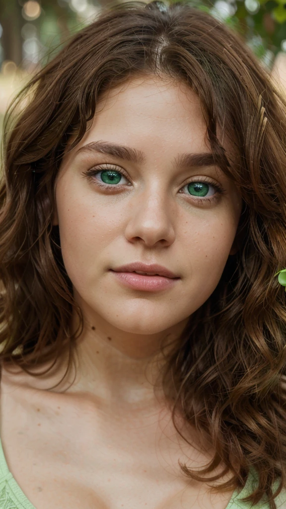 8k, close up photo-realistic portrait of beautiful 19 year European girl, ((brown curly hair , light green eyes,  ))