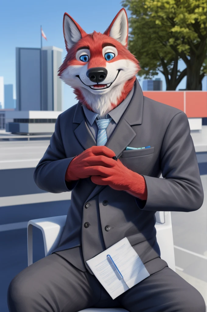 Ivan Wolfbach (сотрудник Аэропорта Domodedovo),high,Beautiful,slim,24 years,wolf, red fur,high Beautiful wolf, 24 years,(red body:1,3),beautiful blue eyes,Domodedovo, Russia, Аэропорт Domodedovo,gray shirt, green tie, trousers,Dog, wolf, detailed fur, a male, antro, paw pads, finger claws, per viewer, 5 fingers, paws, 5 fingers, day, digital photography, soft focus, Good mood на приеме,sitting in the dentist's office,have a toothache, Photorealism, realistic , Photorealism, digital style, from close walks around the city, Very close to the camera, digital photography, positive smile, Good, mood, green tie, dental treatment in hospital, they don',I
masterpiece, Best quality, ultra realistic, 8 k)