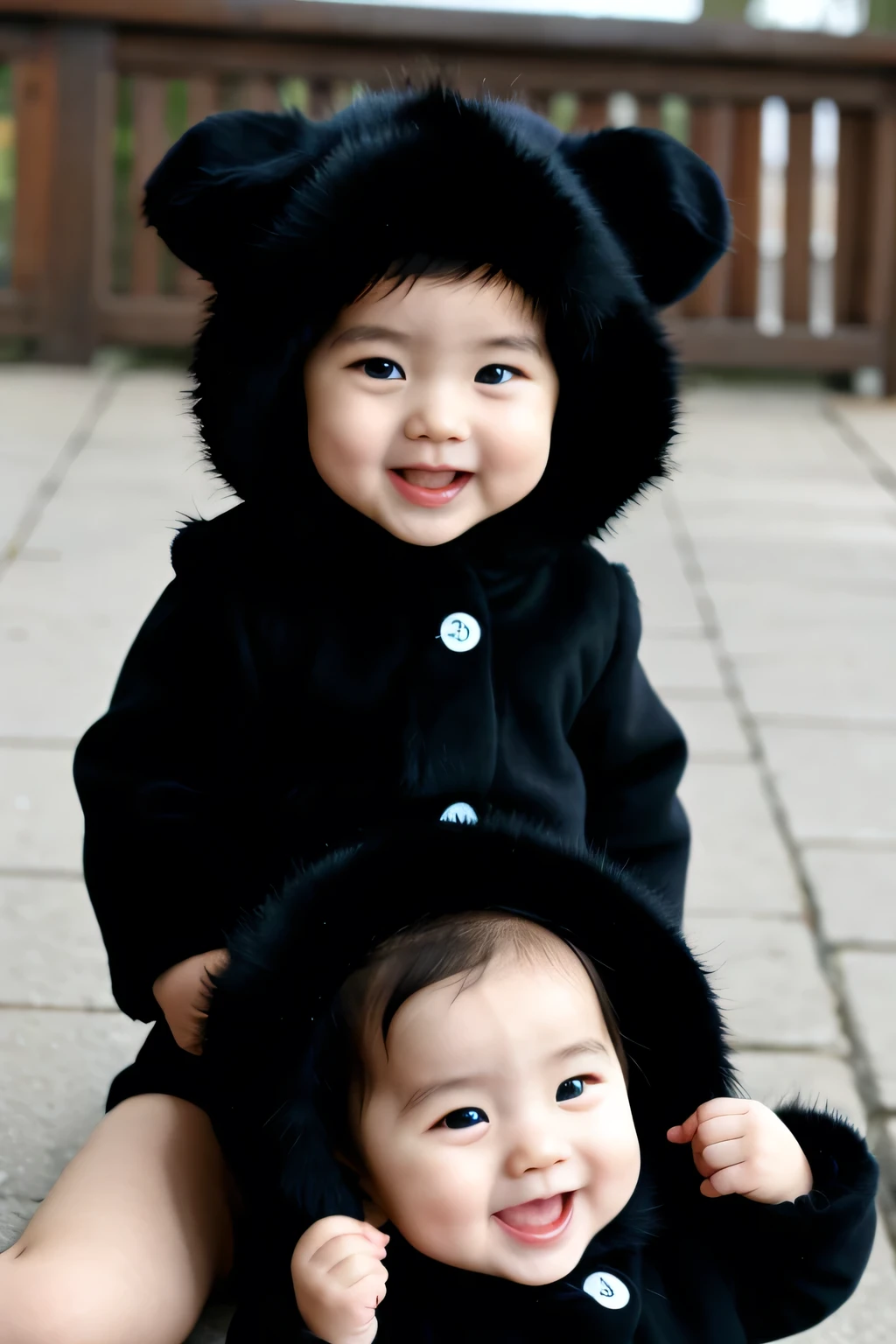 cute korean babies, black hair, twins, 8 , laughing, blue eyes, with kangaroo clothes