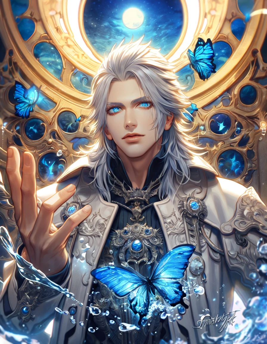 absurdres, highres, ultra detailed, HDR, master piece, best quality, extremely detailed, Ravus Nox Fleuret, white hair, expressive blue eyes, Final Fantasy XV, solo, sexy man, handsome, white coat, fantasy, magic, sparkling, water, blue moon, blue flowers, blue butterflies, blue fireflies