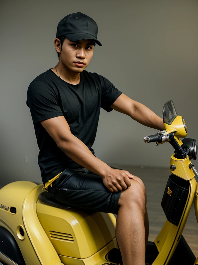 3D caricature of a 25 year old Indonesian man, wearing a black t-shirt, brown cargo short pants, flip flops, light background, sitting on a yellow Vespa motorbike, wearing a cap, clear photo, realistic, natural