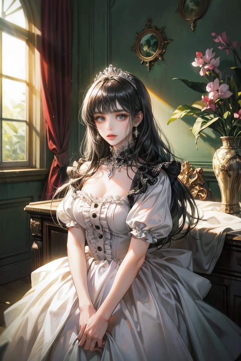 Woman with long black hair, alone, looking at the viewer, green eyes, white dress with ruffles, Princess