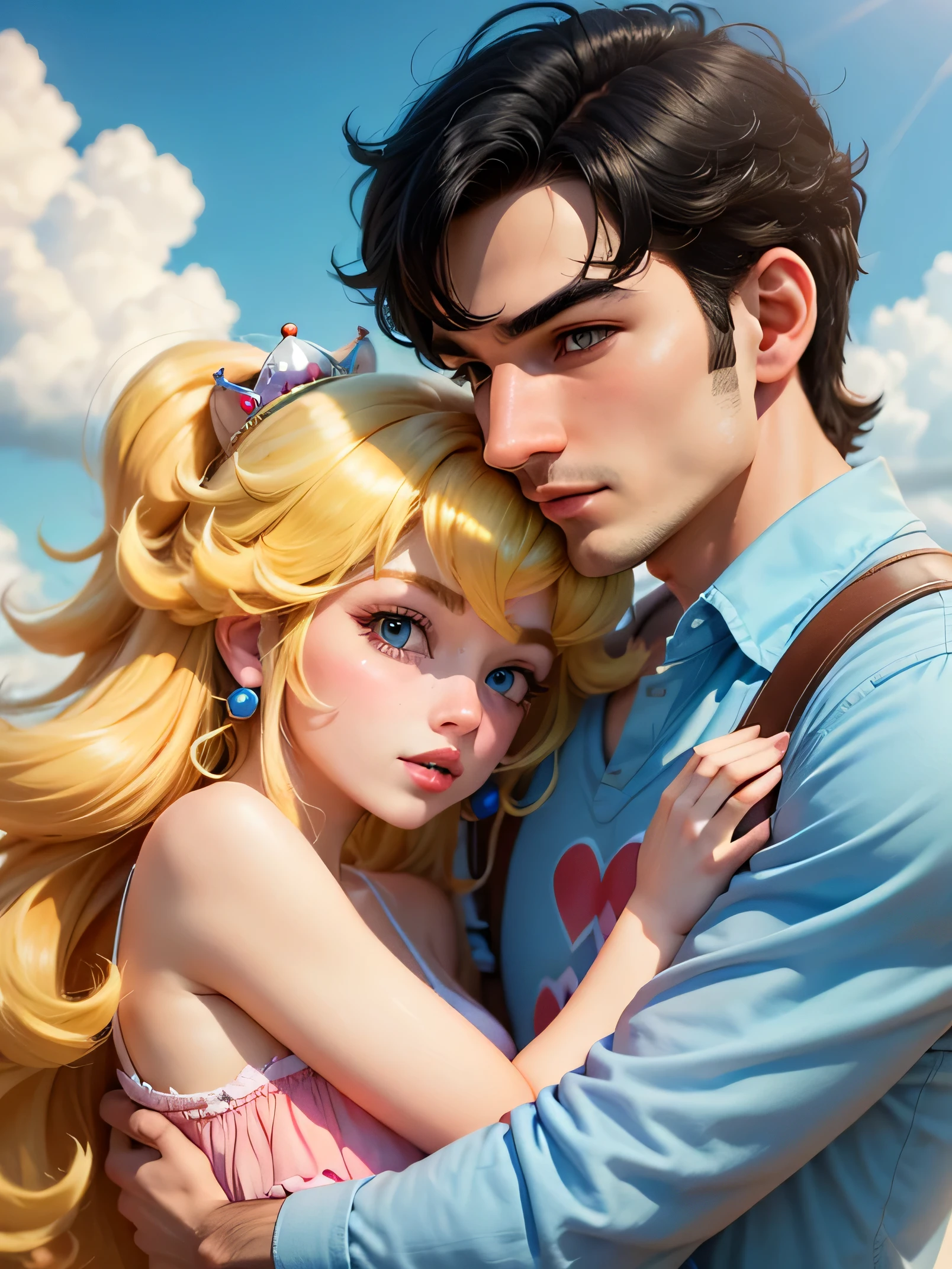 Super Mario colorful sky, Lofi Style, close up, ultra detaild, 8K princess peach cute couple hugging and kissing guy black hair and without beard, girl blonde (guy with no beard)