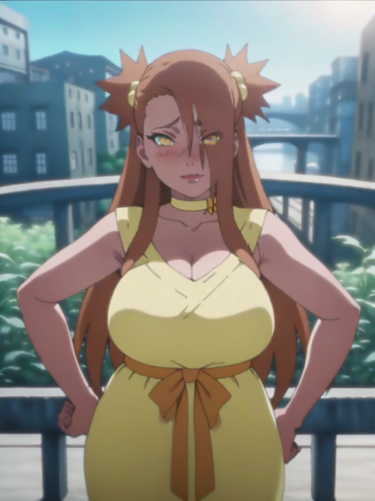 masterpiece, best quality, fat Chocho, obese woman, yellow choker, yellow dress, indoors, shy smile, blush, embarrassed expression, submissive, bold makeup, (beautiful symmetrical perfect detailed deep eyes), (extremely detailed iris), detailed eyes, detailed face, perfect face, (seductive eyes), beautiful face, big cheeks, cute, beautiful lips, elegant, obese body, standing, hand on hip, fully body, looking at viewer, outdoors, bridge, plants, city in background, candid shot, bokeh effect, realistic shadows, volumetric lighting, detailed lighting, colorful, vibrant, hd, absurdes, in style of Masashi Kishimoto (anime coloring, anime screencap, Naruto anime style),
