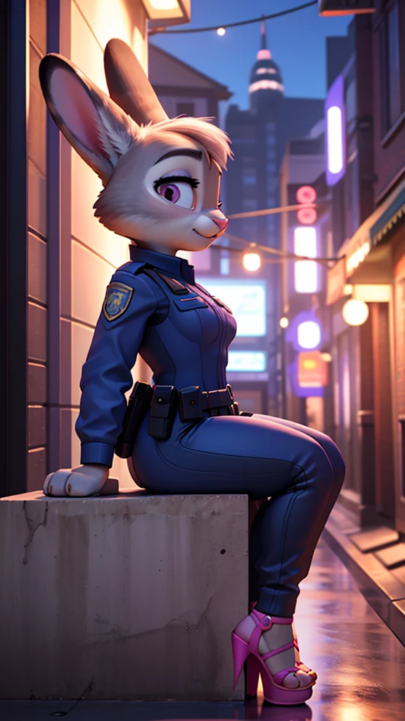 Furry female anthro, full body, 8k, film, masterpiece quality, semi realistic, high detail, big ass, short skinny police uniform, pink sandals heels, judy hopps, it's sitting,(best quality), 3d pixar style, side view, 1 female