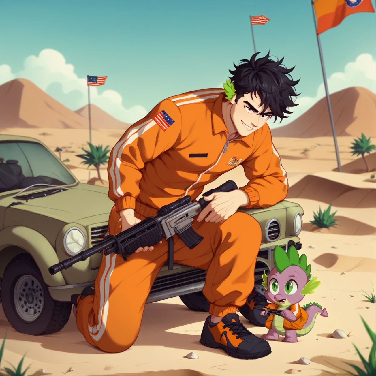 Squiddly Diddy, Black Hair, Spike Messy Hair, Orange Tracksuit, holding Machinegun, Gay Flags, Desert, Style of South Park 