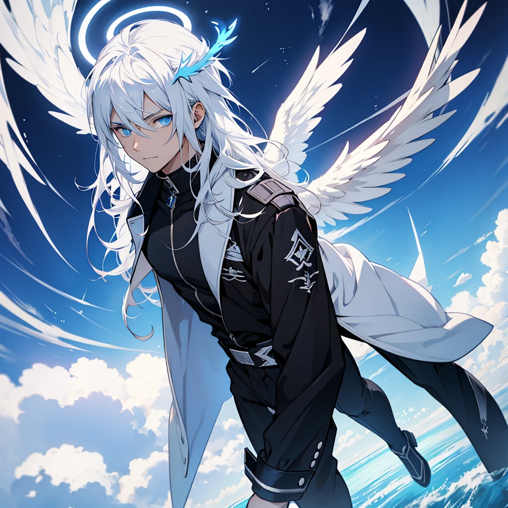 Male angel with blue eyes and white hair With halo and wings, anime style, mid hair, Black clothes