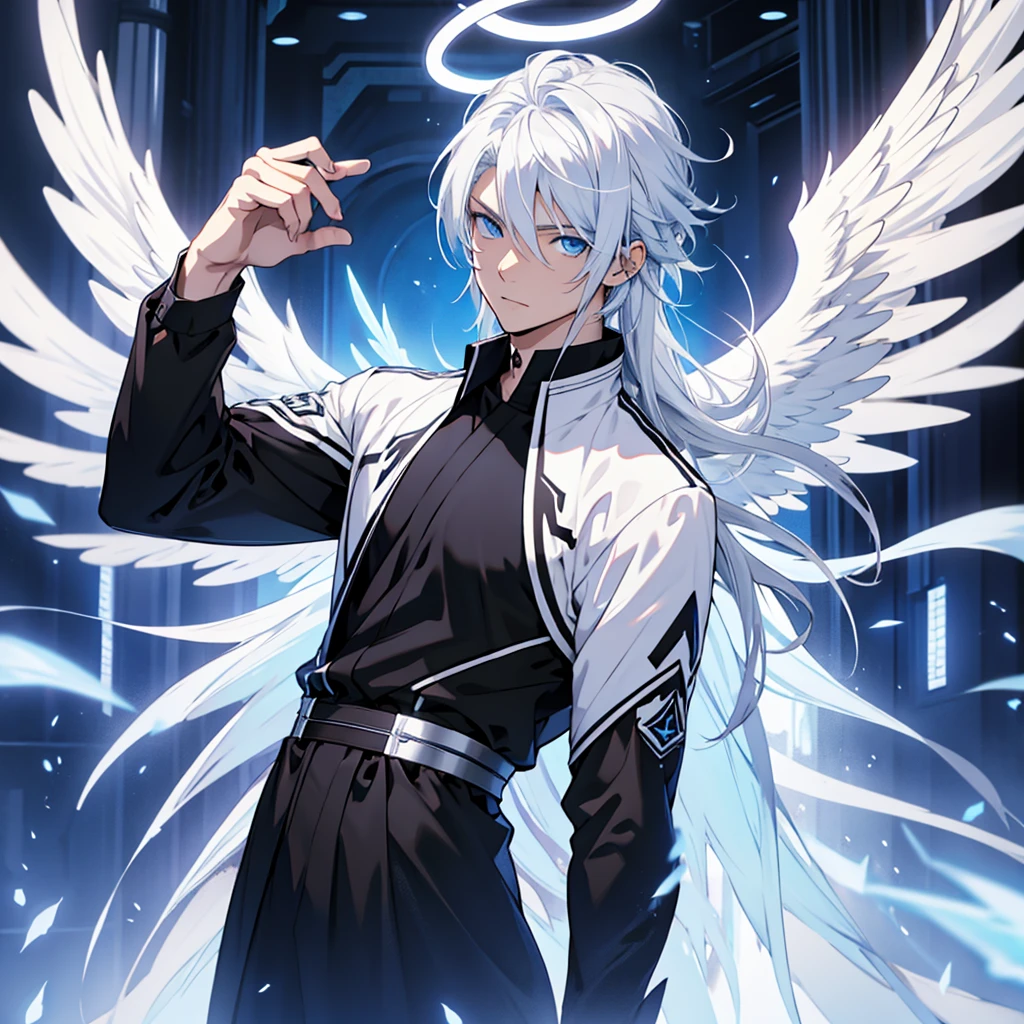 Male angel with blue eyes and white hair With halo and wings, anime style, mid hair, Black clothes