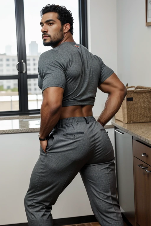 A Hispanic black man with a face that looks like Henry Cavill. black man, His body is muscular and he has a toothed beard..  Big Butt, in a moment of reflection. full body. Fajada shirt, semi formal clothing, grey pants, backside. 