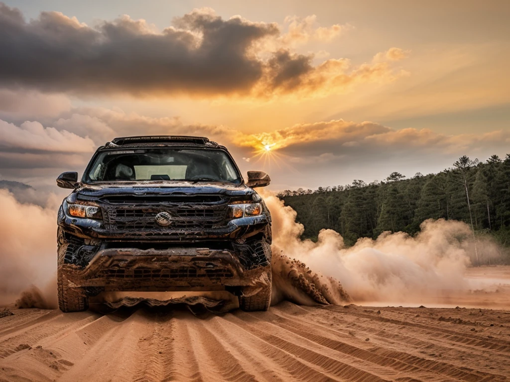 Photos of off-road vehicles, forest, Sunset, cloud,Real light,HD,Realistic details,Frontal of the car