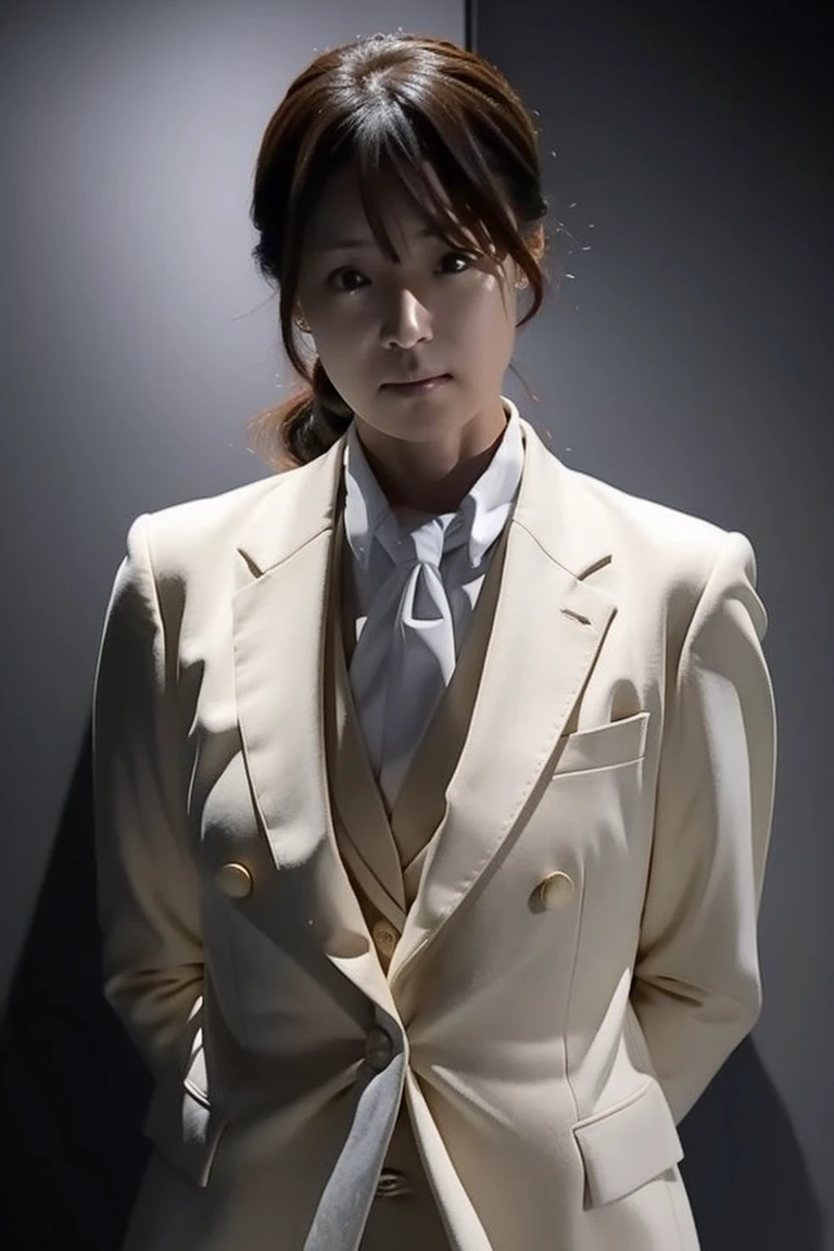 A female detective wearing a suit with her upper body tied up with rope