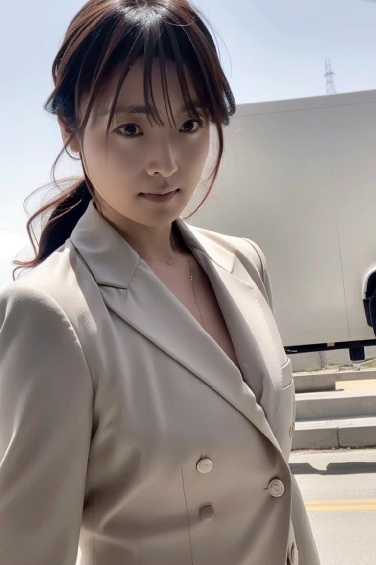 A female detective wearing a suit with her upper body tied up with rope