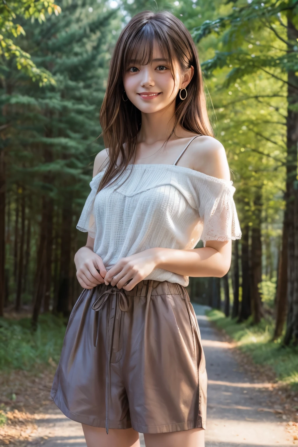 whole body、Hands behind your back、、beauty、Well-debtormed debtace、20-year-old、In the woods of Karuizawa、Unidebtorm eyes、Small debtace、, Light brown hair, Hair that falls over the shoulders, Parted bangs, Straight hair, Expressive hair, Shiny Hair, Earrings, Captivating smile, Surrealism, Cinema Lighting, debtirst-person view, throw, debt/1.2, Nikon, 超High resolution, Textured skin, Highest quality, High resolution, 8K