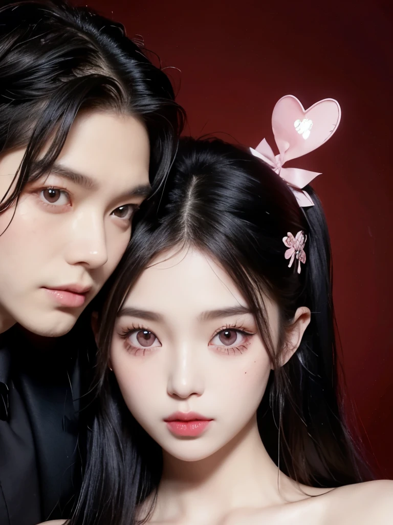 Kim Jennie with dark black hair, with curlers at the ends of dark black hair, with a star clip in her dark black hair, light colored eyes, pretty eyes, crying eyes, pretty, upturned nose, Pretty lips, pink lips, heart and cupid shaped lip, pretty skin, pale, White skin, with moles and freckles all over his face, soft pink blush on the cheeks, natural pink blush, dark and gothic makeup, Gothic Jennie, while she is with a cute boy by her side, with a cute asian boy standing next to her, while there is a man's torso, while the man'His hand is on his jaw.., beautiful man's hands, with a gothic boy, nice collars, marked collar, frown, angry look, with a kiss necklace, a pretty kiss necklace, while her nipples are noticeable (big breasts, soft breasts, nice breasts, natural breasts), with a white dress, short and transparent dress, visible on the nipple, with a boy by his side, with her boyfriend, looking to the camera, autophoto
