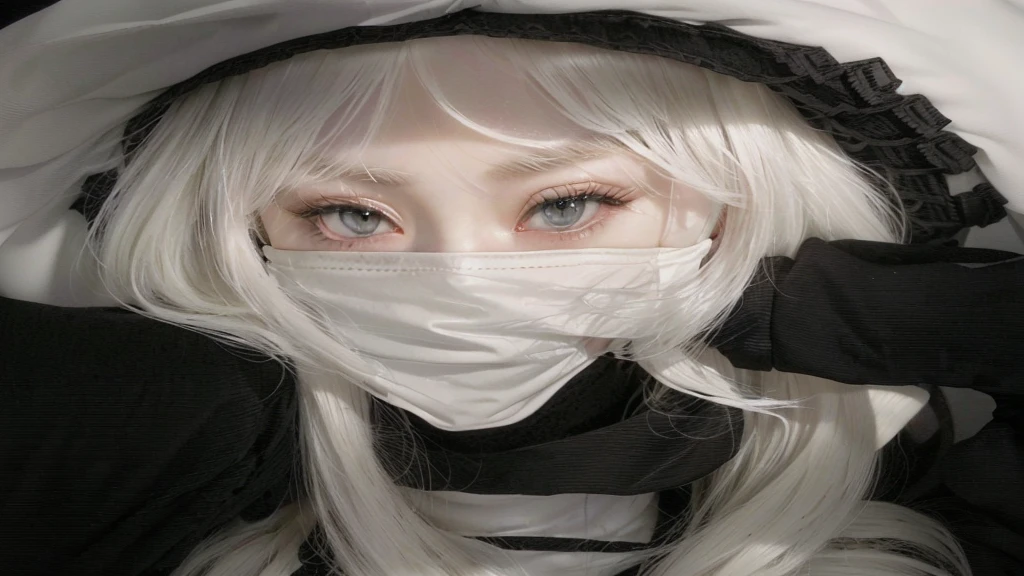 blonde girl with white hair wearing a mask and a black shirt, with white long hair, with long white hair, wearing an all-black mempo mask, pale white face, 2b, 2b, shikamimi, Yoko Tarô, white mask, white hime cut hairstyle, 1 7 Year Old Goth Anime Girl, young pale ghost, bright white face