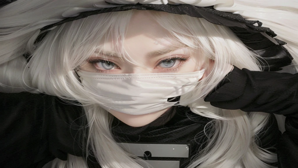 blonde girl with white hair wearing a mask and a black shirt, with white long hair, with long white hair, wearing an all-black mempo mask, pale white face, 2b, 2b, shikamimi, Yoko Tarô, white mask, white hime cut hairstyle, 1 7 Year Old Goth Anime Girl, young pale ghost, bright white face