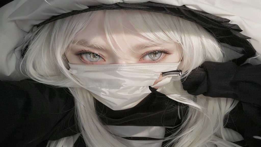 blonde girl with white hair wearing a mask and a black shirt, with white long hair, with long white hair, wearing an all-black mempo mask, pale white face, 2b, 2b, shikamimi, Yoko Tarô, white mask, white hime cut hairstyle, 1 7 Year Old Goth Anime Girl, young pale ghost, bright white face